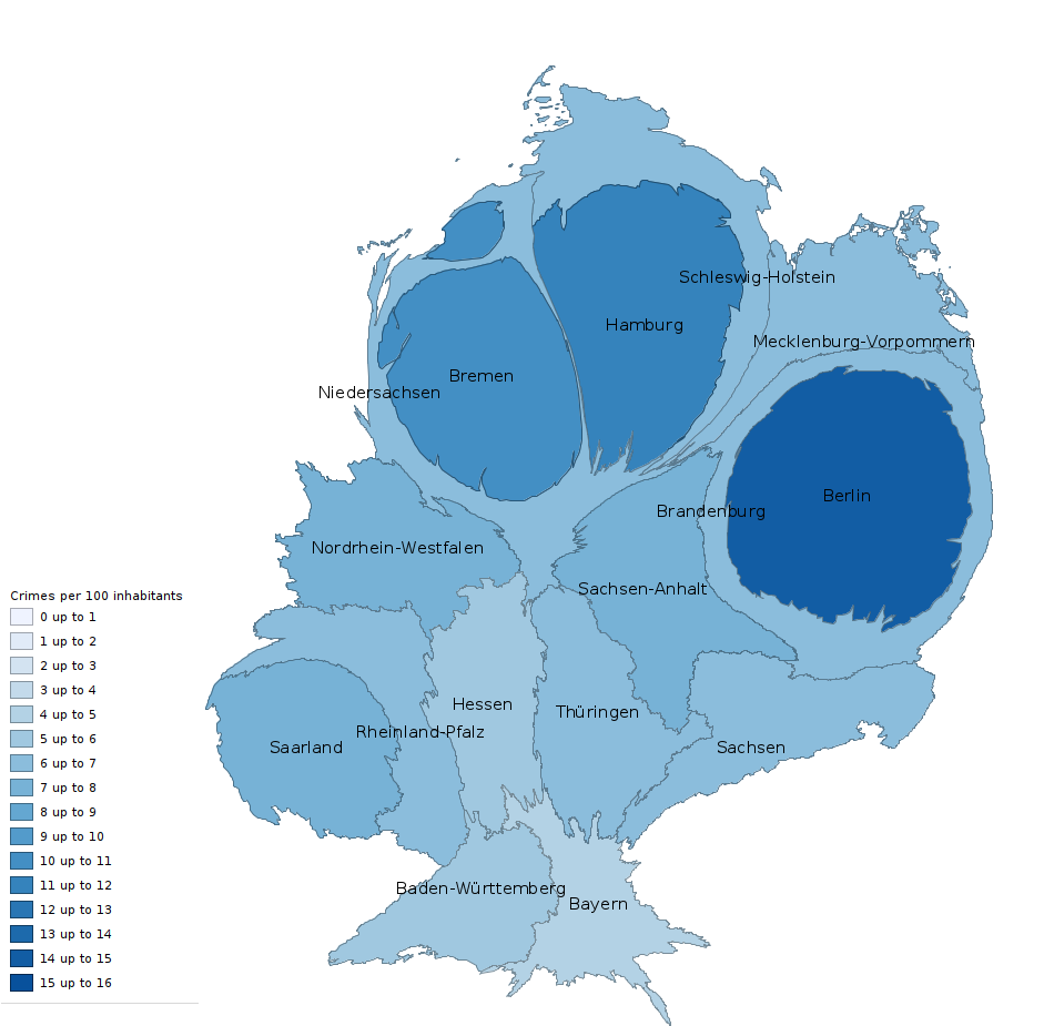 Crimes per capita per state as area continuous cartogram