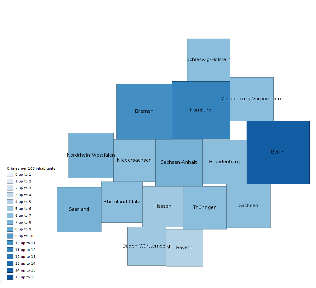 Crimes per capita per state as  demer circle cartogram