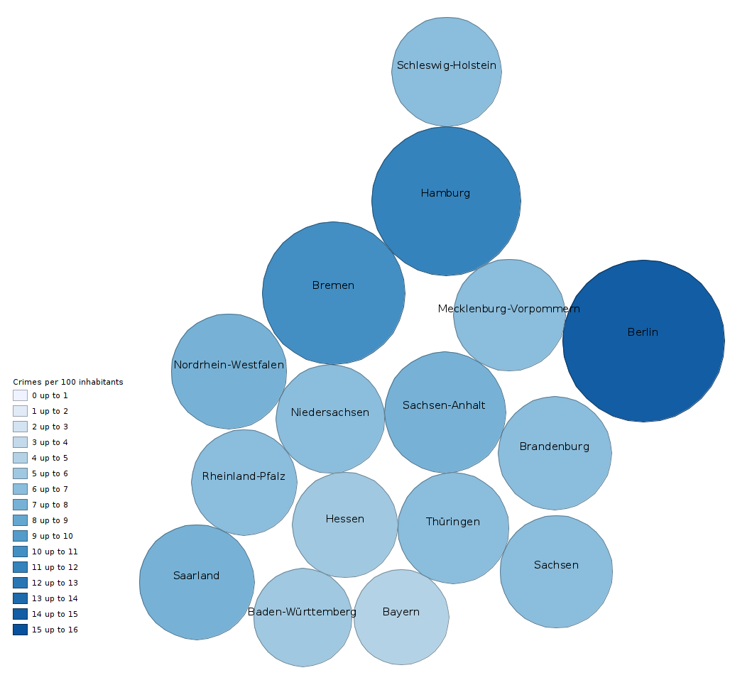 Crimes per capita per state as  dorling circle cartogram