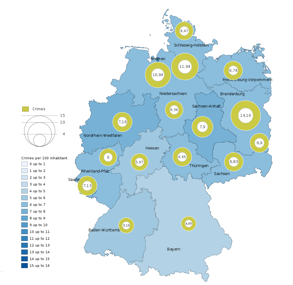 Crimes per capita per state as  area propotional point visualization