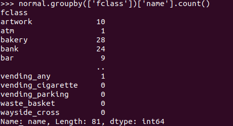 Terminal output of `normal.groupby(['fclass'])['name'].count()`