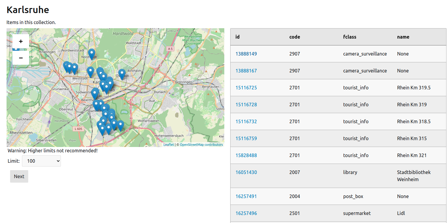 Browser screenshot when viewing the Karlsruhe dataset in Pygeoapi