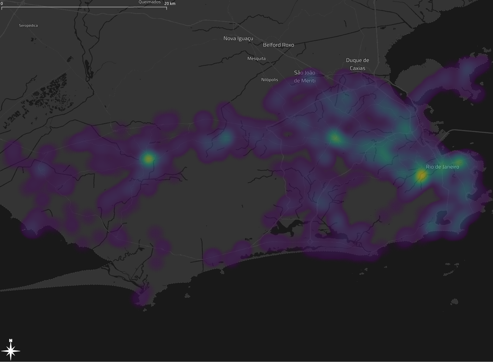 Map of the demo data showing a location heatmap of buses in the Rio de Janeiro region