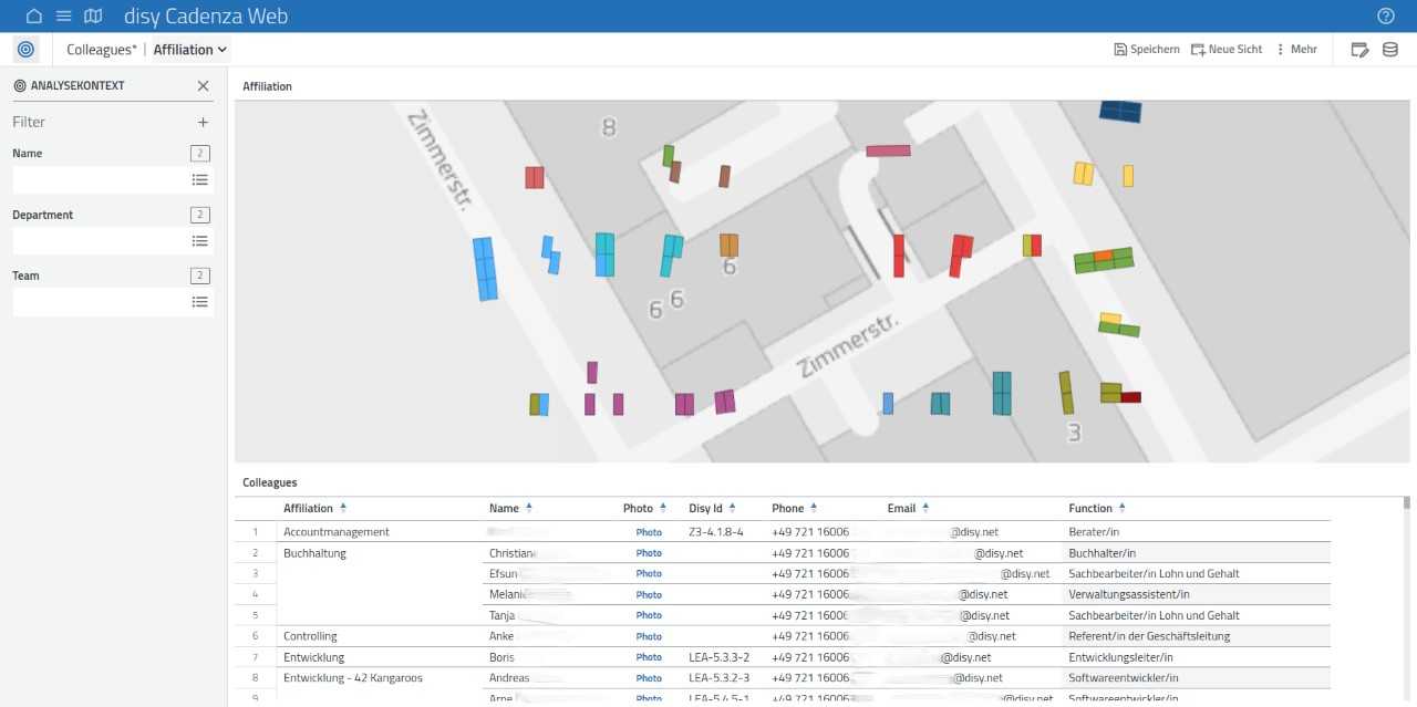 A map view showing the locations of various desks, linked to a table with information about our colleagues.