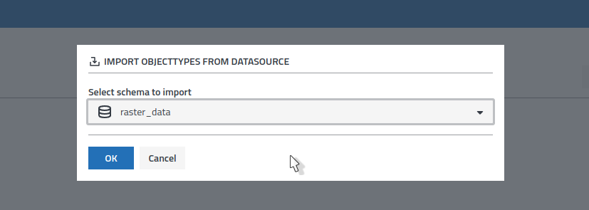 A screenshot of the prototype feature's popup dialog, to select a database schema to create Object Type networks from.